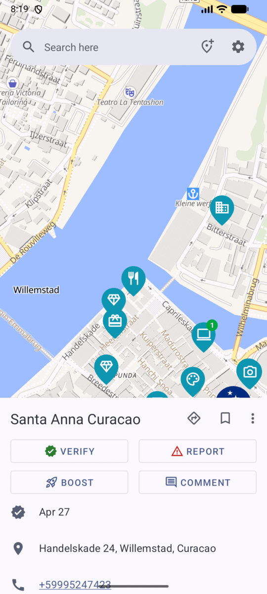 BTC Map on first launch: the map is centred on the default location in Willemstad, Curaçao, showing individual place pins and the opened place card for Santa Anna Curacao