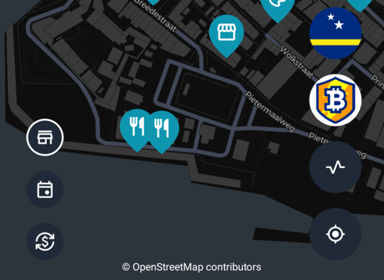 The map&rsquo;s lower controls: the places, events and exchanges buttons at the bottom left, and the country and community chips with the activity and locate buttons on the right