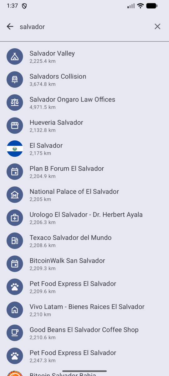 Search results in light mode, showing places, an area and events